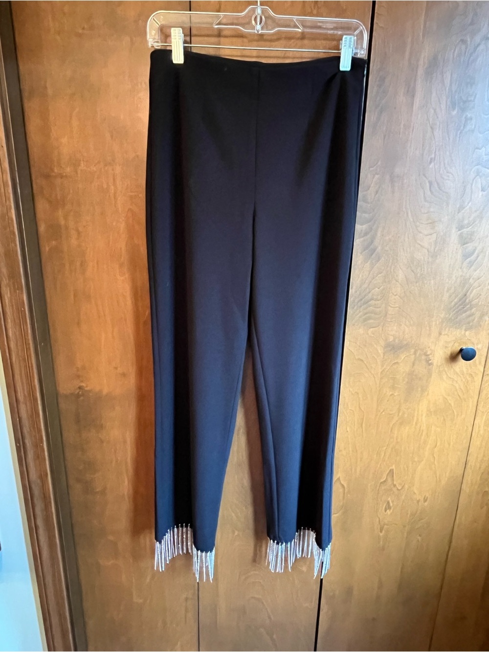 Black Women's Stretch Pants with Fringe Hem